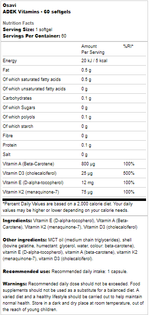 Osavi A D E K Vitamins (60 Softgels) [SHORT DATED 03/24]