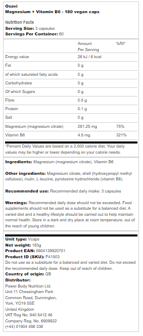 Magnesium + Vitamin B6 (180 Vegan Caps)