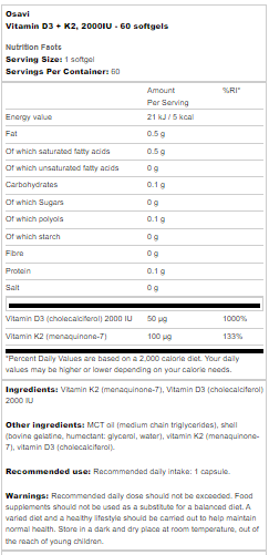 Vitamin D3 + K2, 2000iu + 100μg (60 Servings)